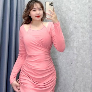 Đầm ôm body thời trang bigsize nữ trễ vai tay dài cổ yếm phối dây rút lên phom tôn dáng vải thun gân sang trọng G224