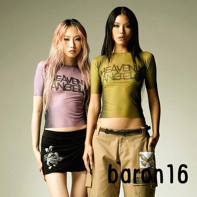 Áo Crop top nữ tay ngắn cổ tròn in chữ áo thun lưới cropwear dạo phố