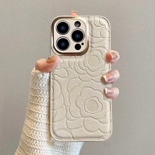 Ốp Điện Thoại Da Hoa Camellia Ống Kính Kim Loại Mạ Sang Trọng Cho iPhone 16 15 Pro Max 14Promax Plus 11 12 13 Pro Max 17Promax Vỏ Chống Sốc Nữ Tính