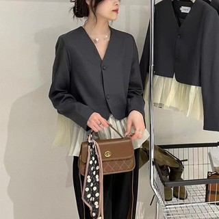 Áo Khoác Giả Hai Mảnh Dáng Rộng Cổ Chữ V Màu Sắc Tương Phản Phong Cách Pháp Thời Trang Xuân Thu Cao Cấp