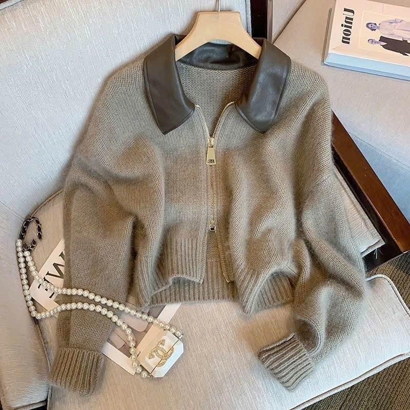 Áo khoác cardigan len dáng croptop thiết kế cách điệu khóa kéo 2 chiều phối cổ sơ mi BA SP252
