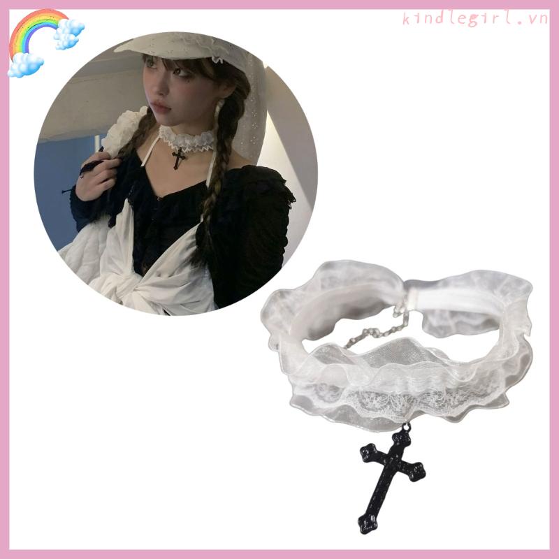 Vòng Cổ choker Ren Hai Lớp Mặt Chữ king / crucifix Màu Trắng Đen
