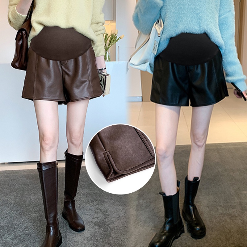 Quần Short Da Ống Rộng Lưng Cao Nâng Bụng Thời Trang Thu Đông Cho Mẹ Bầu