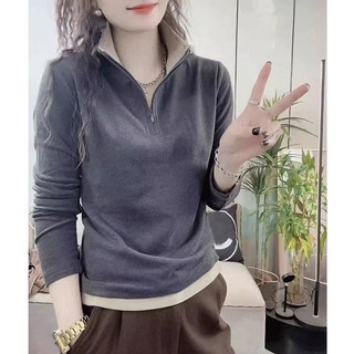 Cổ Đứng Hai Mặt Nhung Đức Đáy Áo Sơ Mi Nữ Thu Đông 2023 Phong Cách Tất Cả Trận Đấu Ấm Áp Dài @ -