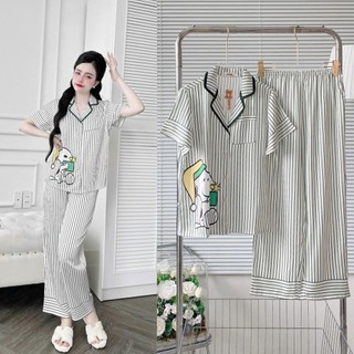 Đồ Bộ Pijama, TAY NGẮN CARO, Túi Áo In 3D Hoạt Hình. Quần Dài Có Túi. Vải Lụa Latin Cao Cấp.