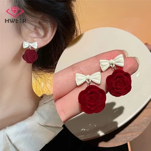 Hwtr Bông Tai Hình Hoa Hồng Đỏ Thắt Nơ Phong Cách vintage Nhật Hàn Thời Trang Thu Đông Mới