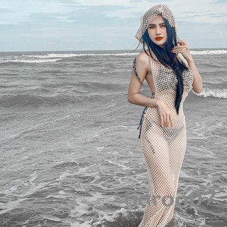 Phụ Nữ Dài Bodycon Đầm Rỗng Ra Lưới Nhìn Xuyên Qua Có Mũ Trùm Đầu Cổ Không Tay Lưng Đầm Đi Biển Mùa Hè