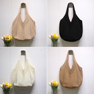 Túi đeo vai nữ WOAY, Túi đi biển dệt mùa hè màu trơn rỗng, Túi Tote móc thủ công có thể gập lại dung tích lớn thông thường