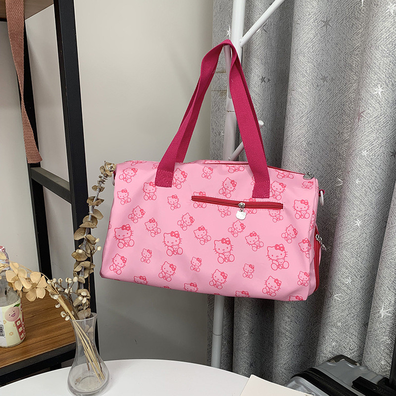 Túi hành lý du lịch Hellokitty Túi tập thể dục sinh viên Túi lưu trữ cầm tay Ánh sáng Dung tích lớn có thể được đặt trên vỏ xe đẩy