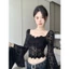 Milyfashion Hot Girl Màu Trơn Cổ Vuông Dài Tay Áo Sơ Mi Ren Nữ Thu Đông Phong Cách Mới Pure Desire Gợi Cảm Hẹp Eo Ôm Hơn Nhìn Phù Hợp Với Áo Ngắn
