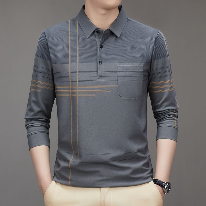 Áo Thun POLO Cotton Tay Dài Dáng Rộng Phối Túi Thời Trang Xuân Thu Cho Nam Trung Niên