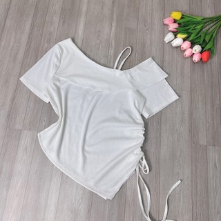 Áo thun bigsize nữ cách điệu vạt gập trễ vai một bên vạt chéo nhún bèo rút dây chất vải gân tăm cao cấp dễ phối G213