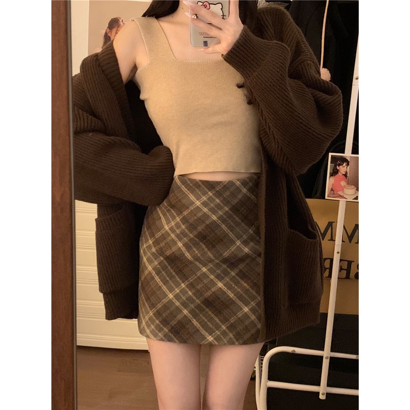 Suxi Vintage Họa Tiết Kẻ Sọc Phong Cách Hàn Quốc Thu Đông Đa Năng Cao Cấp Váy Chữ A Nữ