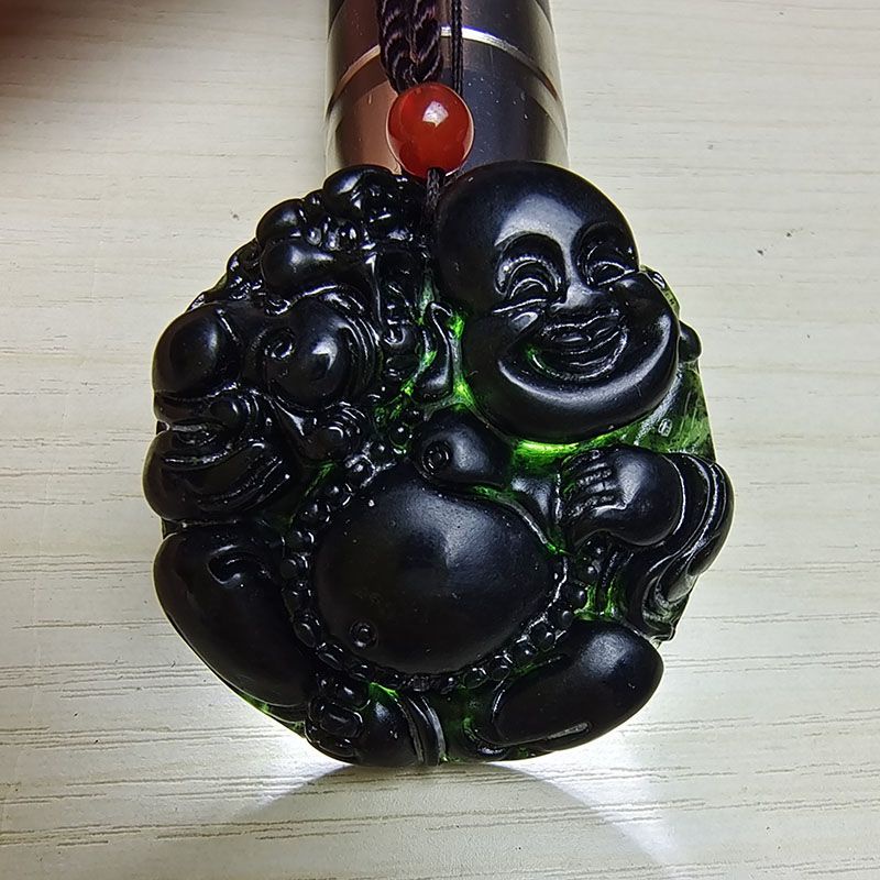 Mặt Dây Chuyền Hình Phật Bằng Ngọc Bích Màu Xanh Lá Đậm Tự Nhiên