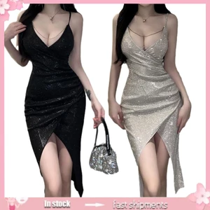 Yoioi Đầm maxi Hai Dây Dáng Dài Xẻ Tà Cổ Chữ v Đính Kim Sa Lấp Lánh Thời Trang Quyến Rũ Cho Nữ