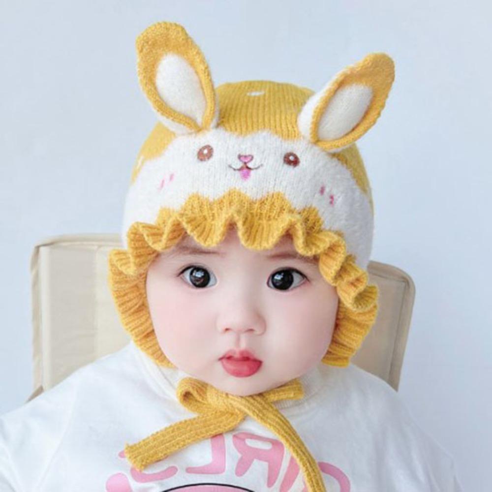 Mũ len bèo nhèo tai thỏ cho bé - Mũ len giữ ấm tai có dây buộc chất len mềm mại