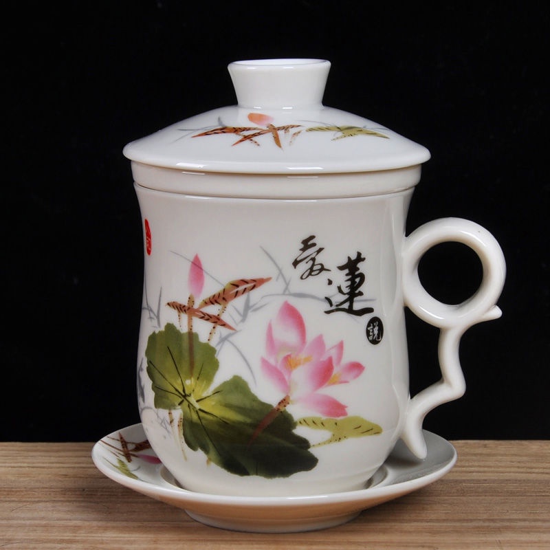 Bộ Bốn Tách Uống Trà Bằng Sứ Có Nắp Lọc Tiện Dụng Cho Văn Phòng / Hội Nghị