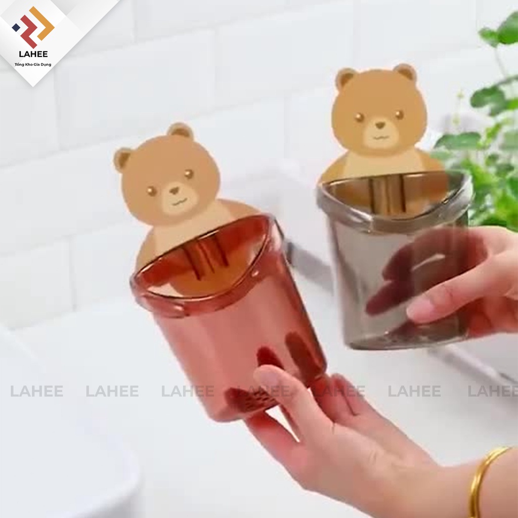 Cốc dán tường nhà tắm đựng bàn chải đánh răng hình gấu dễ thương. [SHOP.MH]