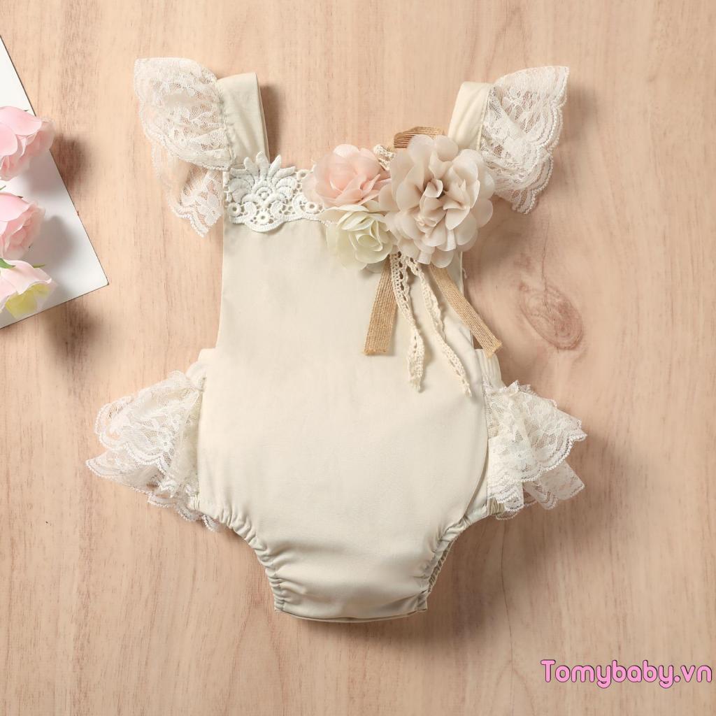 Thanh Lịch Bé Gái Áo Liền Quần Không Tay Cổ Vuông Ren Viền Màu Trơn Hoa Khâu Playsuit + Váy Ren