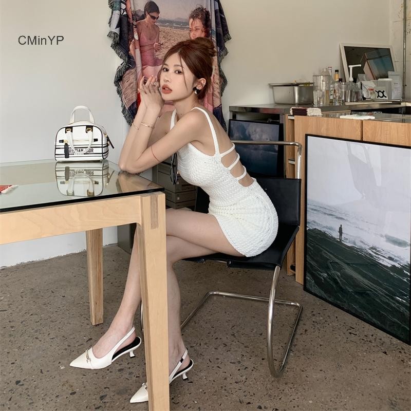 Cminyp Váy hở lưng nữ dệt kim phong cách Hàn Quốc Hotsweet Sang trọng Vỏ váy Mini vinh quang
