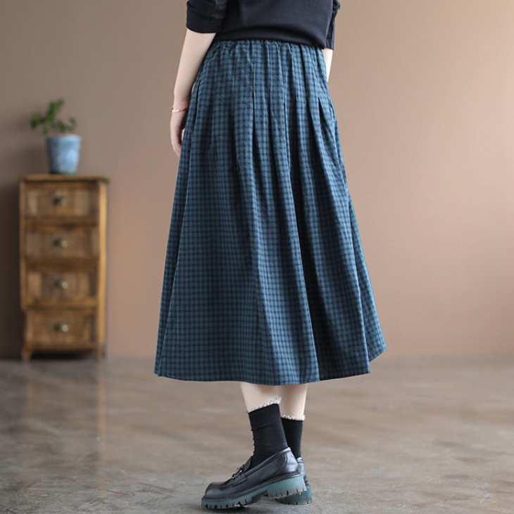 Plus Size Váy Nữ Mới Retro Túi Chữ A Co Giãn Eo Kẻ Sọc