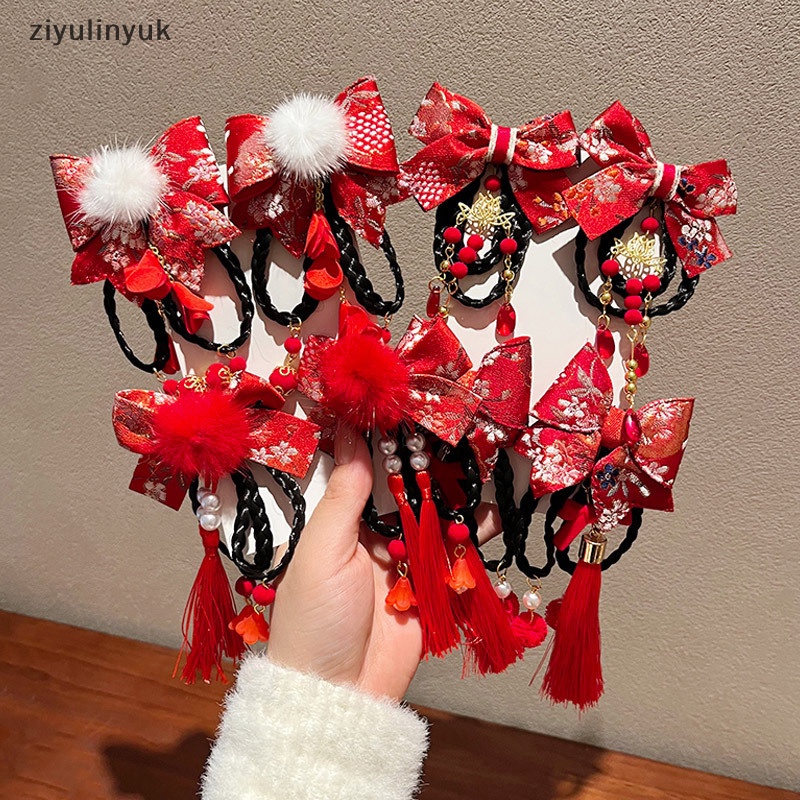 Ziyulinyuk Đỏ Trẻ Em Phong Cách Trung Hoa Hanfu Mũ Nữ Tóc Giả sel Thẻ Tóc Bé Phụ Kiện Tóc EN