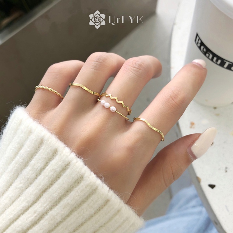 Qr set 5 Nhẫn Ngọc Trai Đơn Giản Thời Trang Cho Nữ Mới
