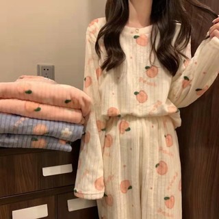 Bộ đồ ngủ màu đào dễ thương Bộ đồ ngủ nhung dày dặn và ấm áp Quần áo nữ mùa thu đông
