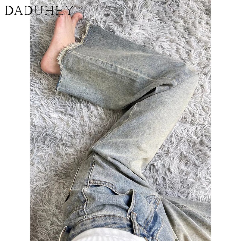 Ảnh Quần jean dài DADUHEY size lớn ống rộng cạp cao gấu thô thời trang retro đường phố cao cấp kiểu Mỹ 2