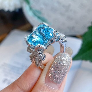 ♥ Nhẫn nữ Aquamarine Topaz Bow Full Diamond Ring