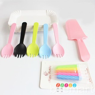 Combo 10 đĩa Giấy + 10 dĩa + 1 Dao + 1 vỉ 10 cây nến, Bộ Dao dĩa nến - Phụ kiện bánh sinh nhật bánh kem