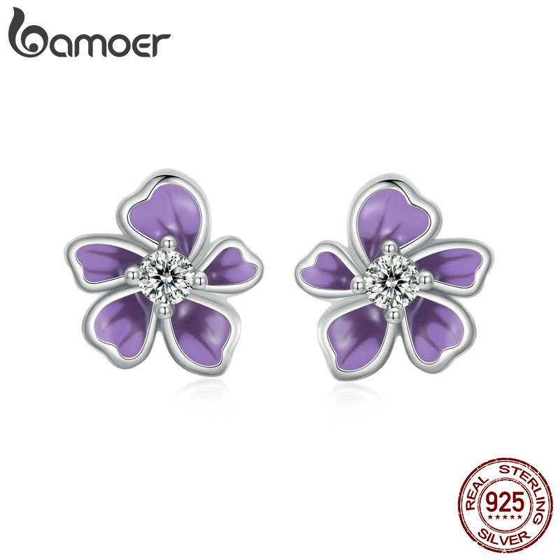 BAMOER Bông Tai bạc 925 Hình Hoa Tím