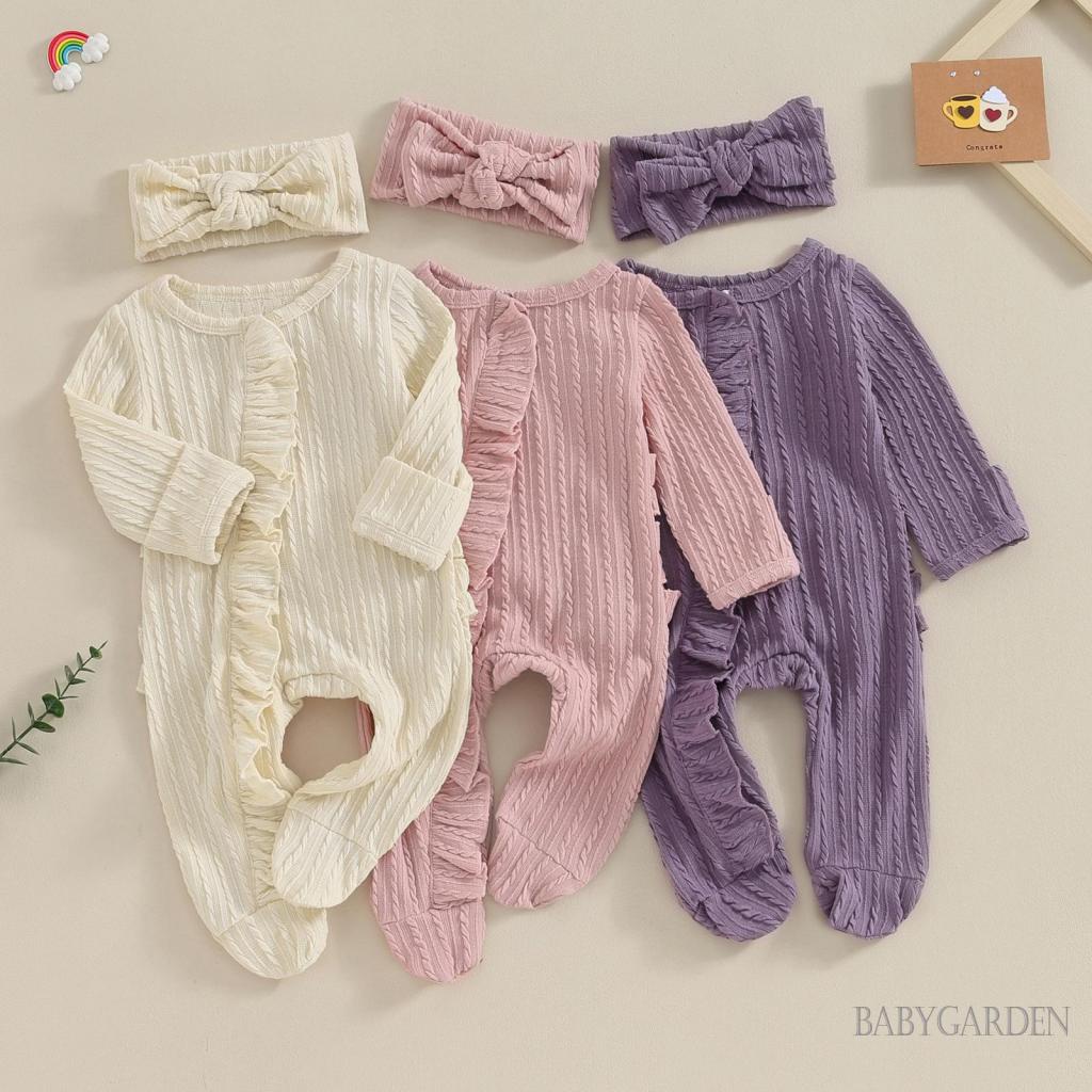 Bộ Áo Liền Quần Tay Dài Cổ Thuyền Màu Trơn Kèm Băng Đô Cài Tóc Thời Trang Cho Bé Gái Sơ Sinh