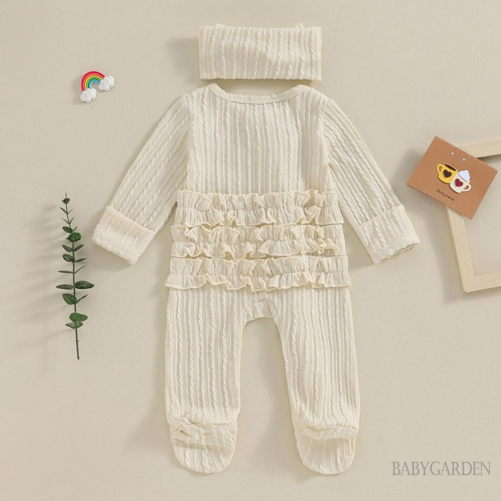 Bộ Áo Liền Quần Tay Dài Cổ Thuyền Màu Trơn Kèm Băng Đô Cài Tóc Thời Trang Cho Bé Gái Sơ Sinh