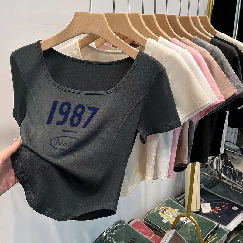 Áo Thun Cotton Nguyên Chất Cổ Vuông Ngắn Tay Ôm Dáng Viền Cong Thiết Kế Xương Cá Hợp Thời Trang Cho Nữ