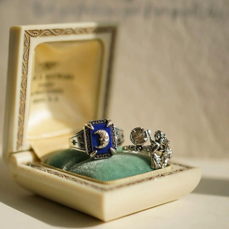 Ngủ Sen Cuộc Sống Bạc 925 Nhẫn Lapis Lazuli Mặt Trăng Nàng Tiên Cá Yếu Tố Retro Thiểu Số Thiết Kế Nhẫn