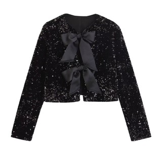 Vipdeal1 Nữ Lấp Lánh Sequins Áo Khoác Ren Nơ Mở Mặt Trước Đảng Shrug Cardigan Top