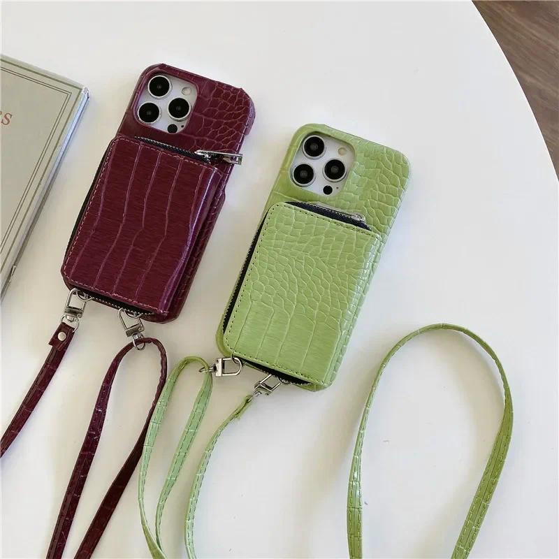 Ốp Điện Thoại Da Cá Sấu Đeo Ngang Cho IPhone 13 12 Mini 16 15 Plus 14 11 Pro Max XS XR Ví Dây Kéo Có Vỏ Đựng Thẻ