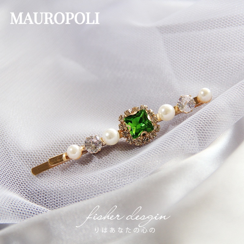 MAUROPOLI [Sẵn Sàng] Cung Điện Tính Khí Retro Ngọc Trai Xanh Kim Cương Giả Kẹp Phẳng Nổ Kẹp Tóc Bên Kim Loại Phụ Kiện Tóc Pha Lê