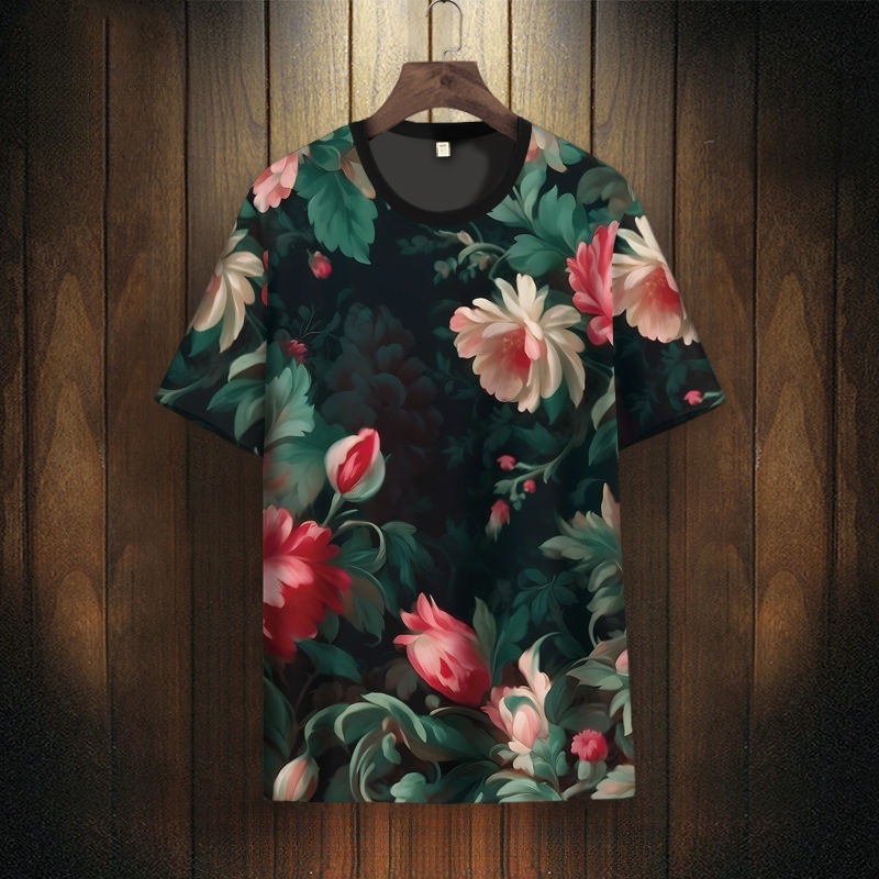 Áo thun tay ngắn họa tiết hoa cho nam, áo thun cổ tròn tay ngắn mùa hè mới oversized