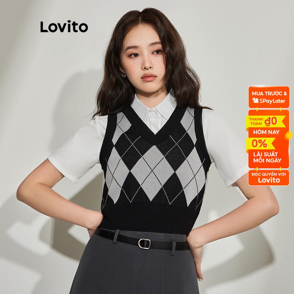 Áo Lovito dệt kim họa tiết kẻ sọc hình học phong cách đi học cá tính cho nữ L45AD021 màu đen spe