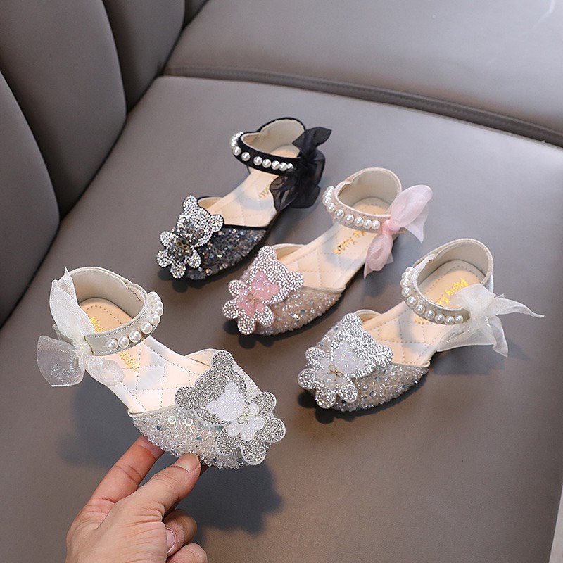 giày búp bê bé trai bé gái giày bệ cho bé đính đá nơ gấu xinh xắn chống trượt cho bé từ 1 tuổi QCCC full box 9023