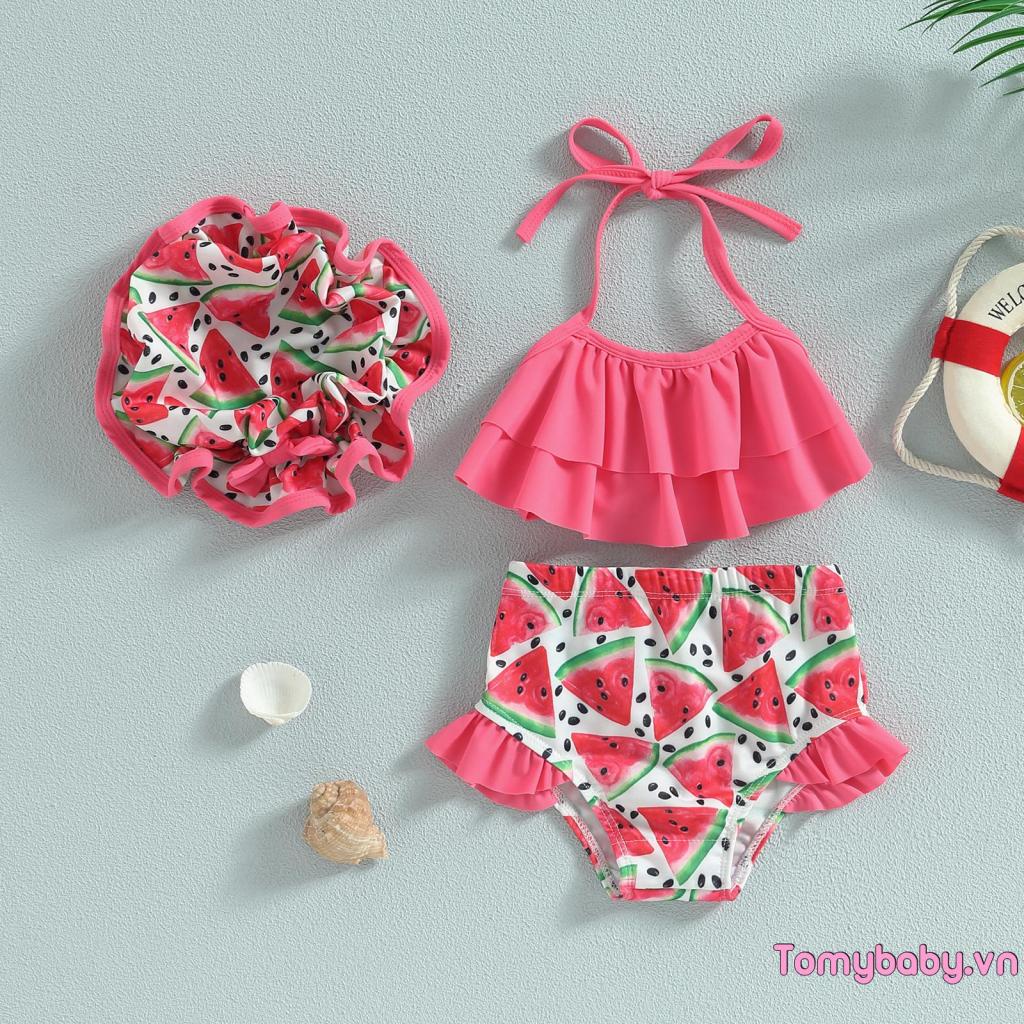 Bộ Đồ Bơi Gồm Áo Không Tay + Quần Ngắn + Mũ Thời Trang Đi Biển Cho Bé Gái