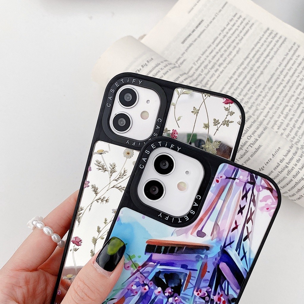 Ins Tranh Màu Nước Tháp Paris Flore Cây Hoa Gương Vỏ Cứng Tương Thích Cho iPhone 16 Pro Max Plus 15 / 14 / 13 / 12 / 11 / X / XS / XR / SE / 8 / 7 / 6
