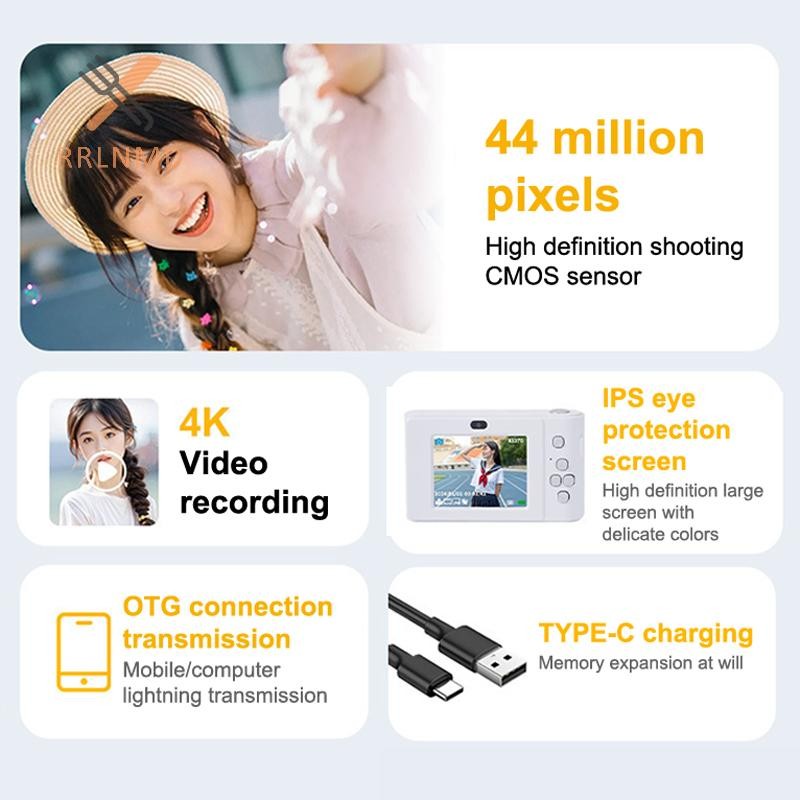 Rrlnmd 44MP Mini CCD Máy Ảnh Kỹ Thuật Số Có Thẻ Nhớ Ống Kính Đôi 4K 8X Zoom Chuyến Đi Du Lịch Camera Dành Cho Trẻ Em Bé Gái Trẻ Em Quà Tặng MỚI