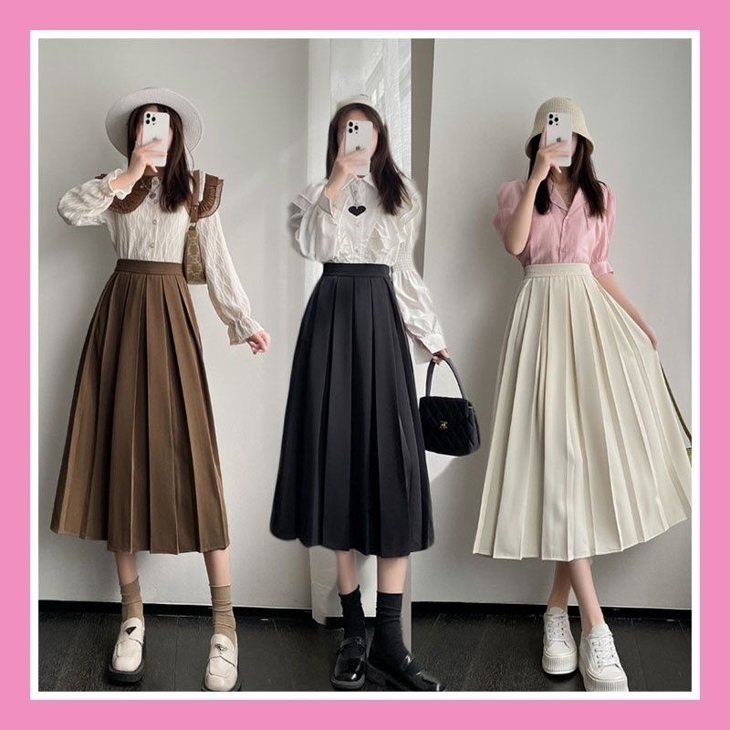 Chân váy xếp ly midi nữ dáng dài cạp cao có khóa