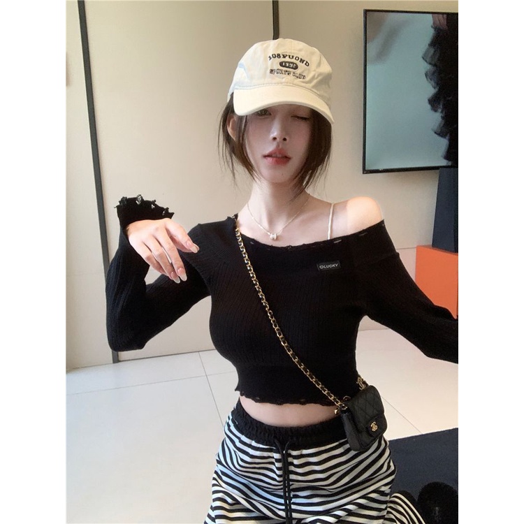 Milyfashion Hồng Kông Hương Vị Cao Cấp Crop Ngắn Tay Dài Dệt Kim Không Đều Rách Tua Rua Ngắn Top Bé tee