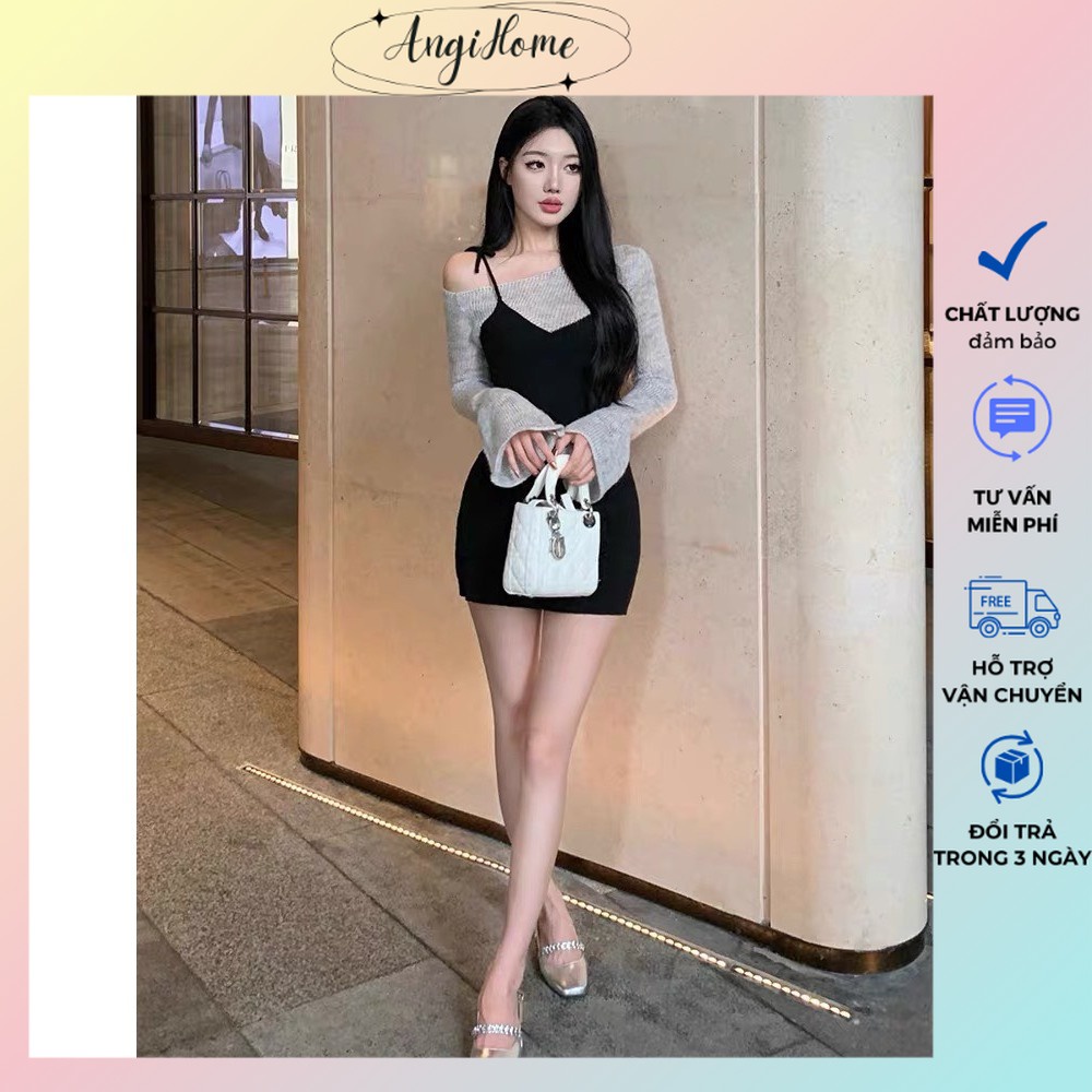 SET ĐẦM XÁM BẸT CUỐN BIÊN GÂN TĂM TAY LOE BODY SUÔNG + ĐẦM YẾM CỘT DÂY 1 BÊN ANGIHOME