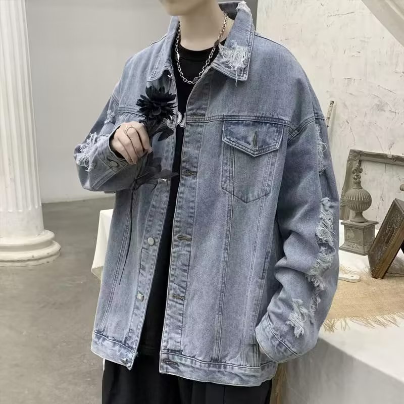 ThaliaWisp Áo Khoác Nam Thu Đông Mỹ Retro Cao Cấp Đường Phố Phá Hủy Phong Cách Niche Lỗ Thiết Kế Rời Áo Khoác Denim Thường Ngày