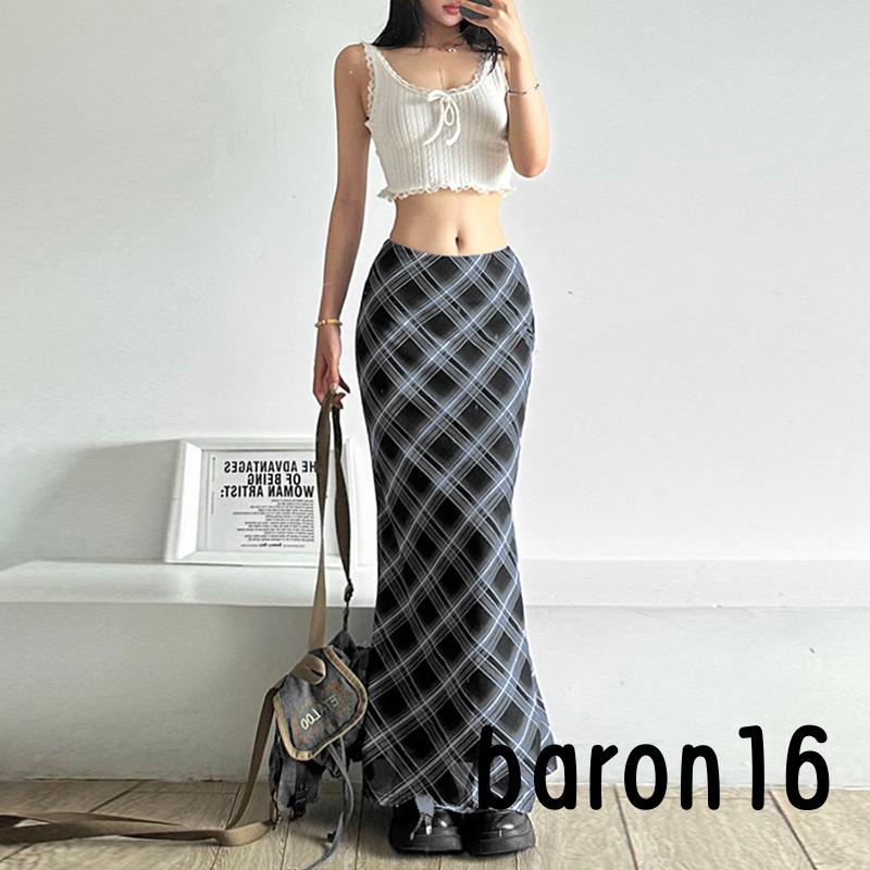 Chân Váy Dài Lưng Cao Họa Tiết Sọc Caro Phong Cách vintage Y2K